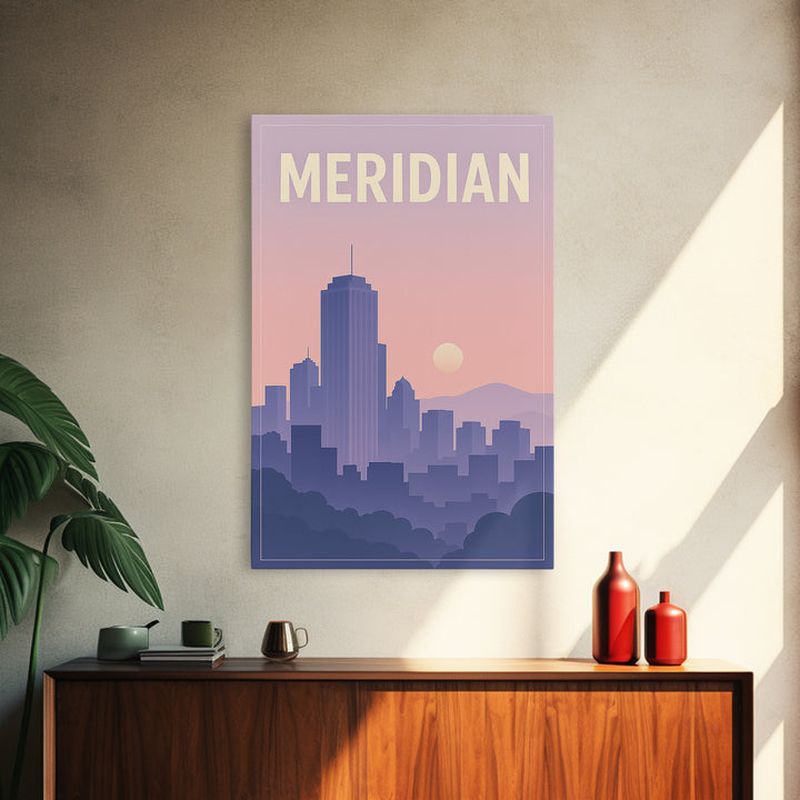 Meridian Idaho Travel Poster, Framed Canvas Print, Classic Travel Poster Art, Meridian Travel Art, Mid Century Wall Art, City Travel Prints