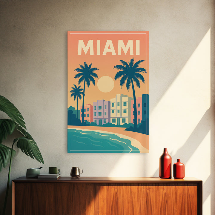 Miami Travel Poster, Framed Canvas Print, Vintage Travel Poster Art, Miami Poster Print, City Art Print, Living Room Wall Art, Design 2