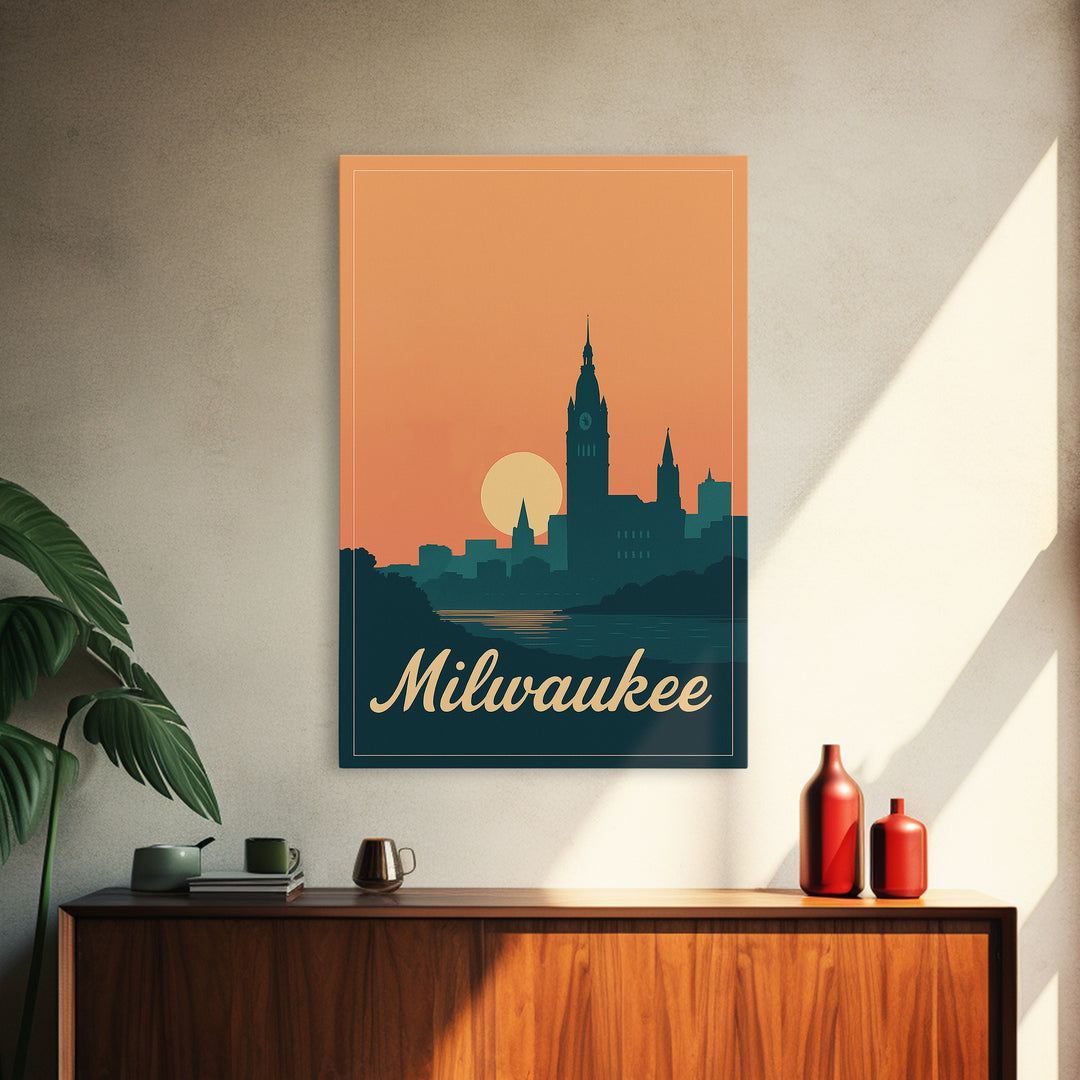 Milwaukee Wisconsin Travel Poster, Framed Canvas Print, Retro Sunset Skyline Art, Milwaukee Wall Art, Modern Wall Decor, City Travel Prints