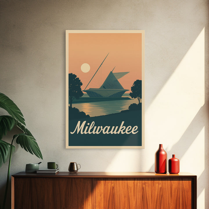Milwaukee Travel Poster, Framed Canvas Print, Classic Travel Poster Art, Milwaukee Art Print, Watercolor Skyline, Retro Travel Print
