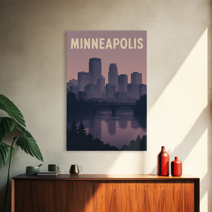 Minneapolis Travel Poster, Framed Canvas Print, Retro Sunset Skyline Art, Minneapolis Travel Art, Vintage Travel Print, City Art Print