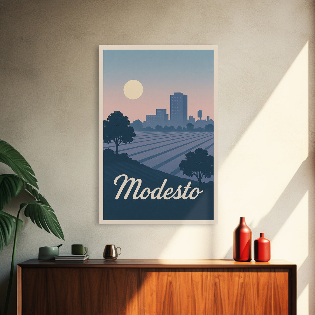 Modesto Travel Poster, Canvas Print, Mid Century City Wall Art, Modesto City Art, Modern Wall Decor, City Illustration, City Art Print