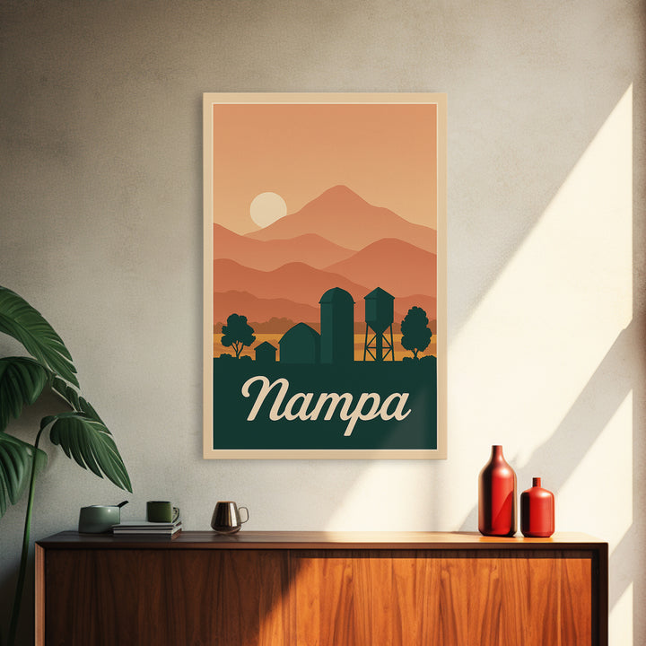 Nampa Idaho Travel Poster, Canvas Print, Retro Sunset Skyline Art, Nampa Poster Print, City Art Print, City Travel Prints, Fine Art Print