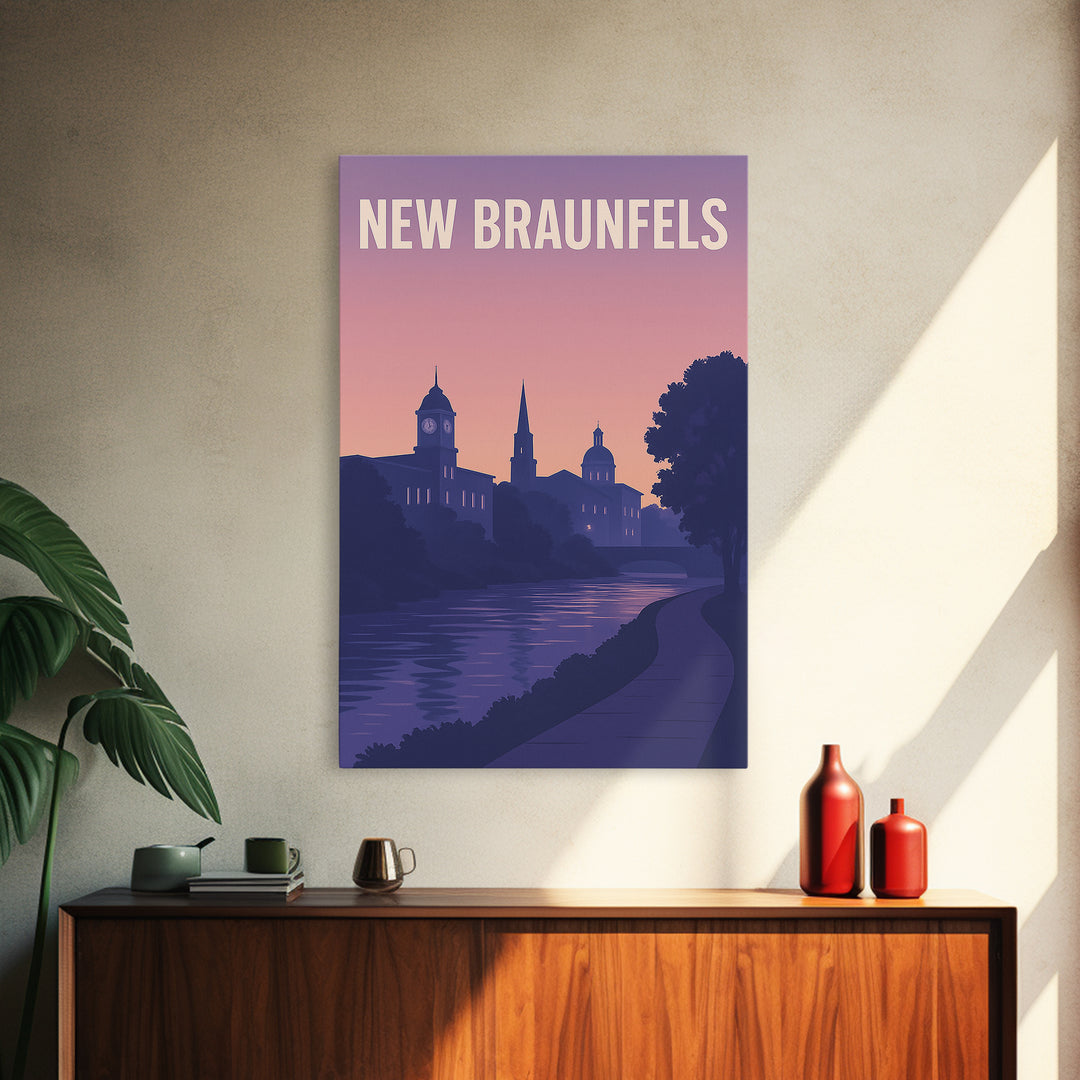 New Braunfels Travel Poster, Framed Canvas Print, Retro Sunset Skyline Art, New Braunfels City Art, Vintage Travel Print, Vintage Travel Art