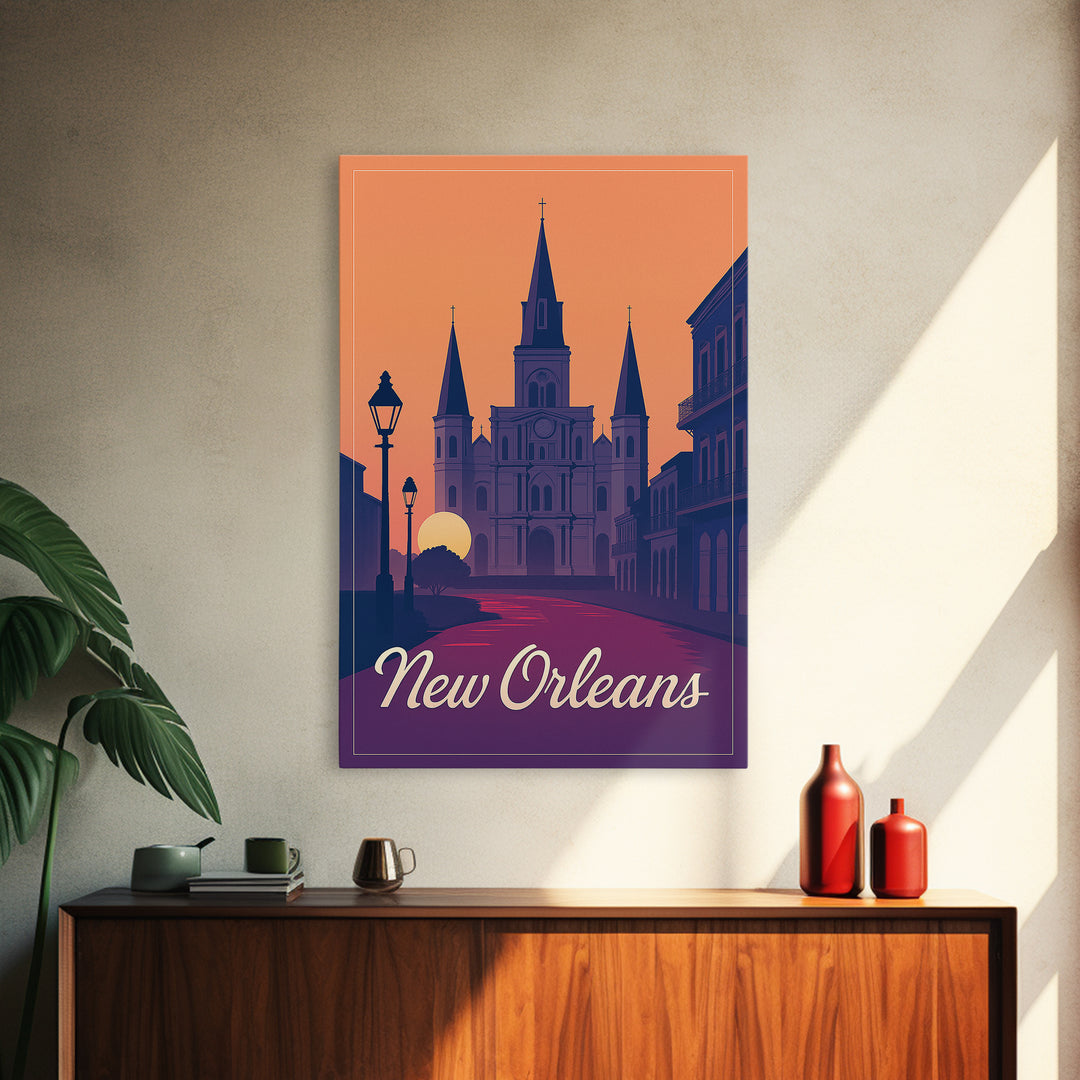 New Orleans Louisiana Travel Poster, Framed Canvas Print, Retro Sunset Skyline Art, New Orleans City Art, Travel Wall Art, Travel Art Print