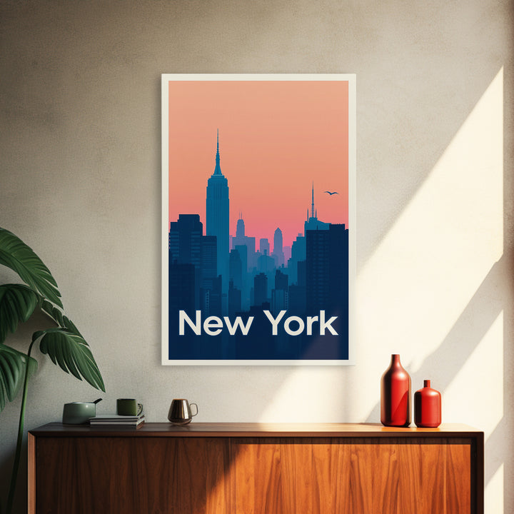 New York Travel Poster, Framed Canvas Print, Retro Sunset Skyline Art, New York Travel Art, Living Room Wall Art, Eclectic Wall Decor