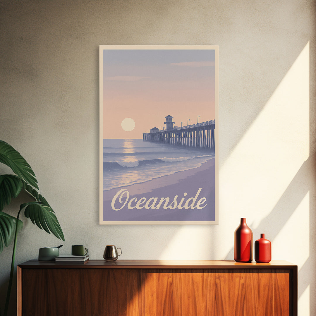 Oceanside Travel Poster, Canvas Print, Retro Sunset Skyline Art, Oceanside Wall Art, Retro Travel Print, Watercolor Skyline, Design 2