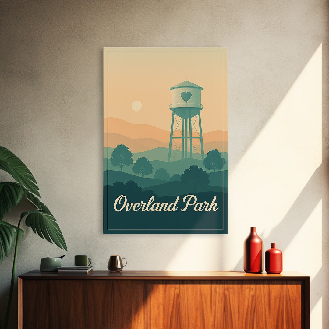 Overland Park Kansas Travel Poster, Canvas Print, Retro Sunset Skyline Art, Overland Park Art Print, Wanderlust Decor, Watercolor Cityscape