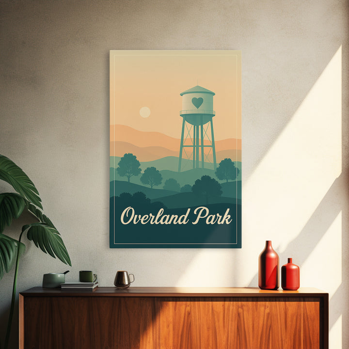 Overland Park Kansas Travel Poster, Canvas Print, Retro Sunset Skyline Art, Overland Park Art Print, Wanderlust Decor, Watercolor Cityscape