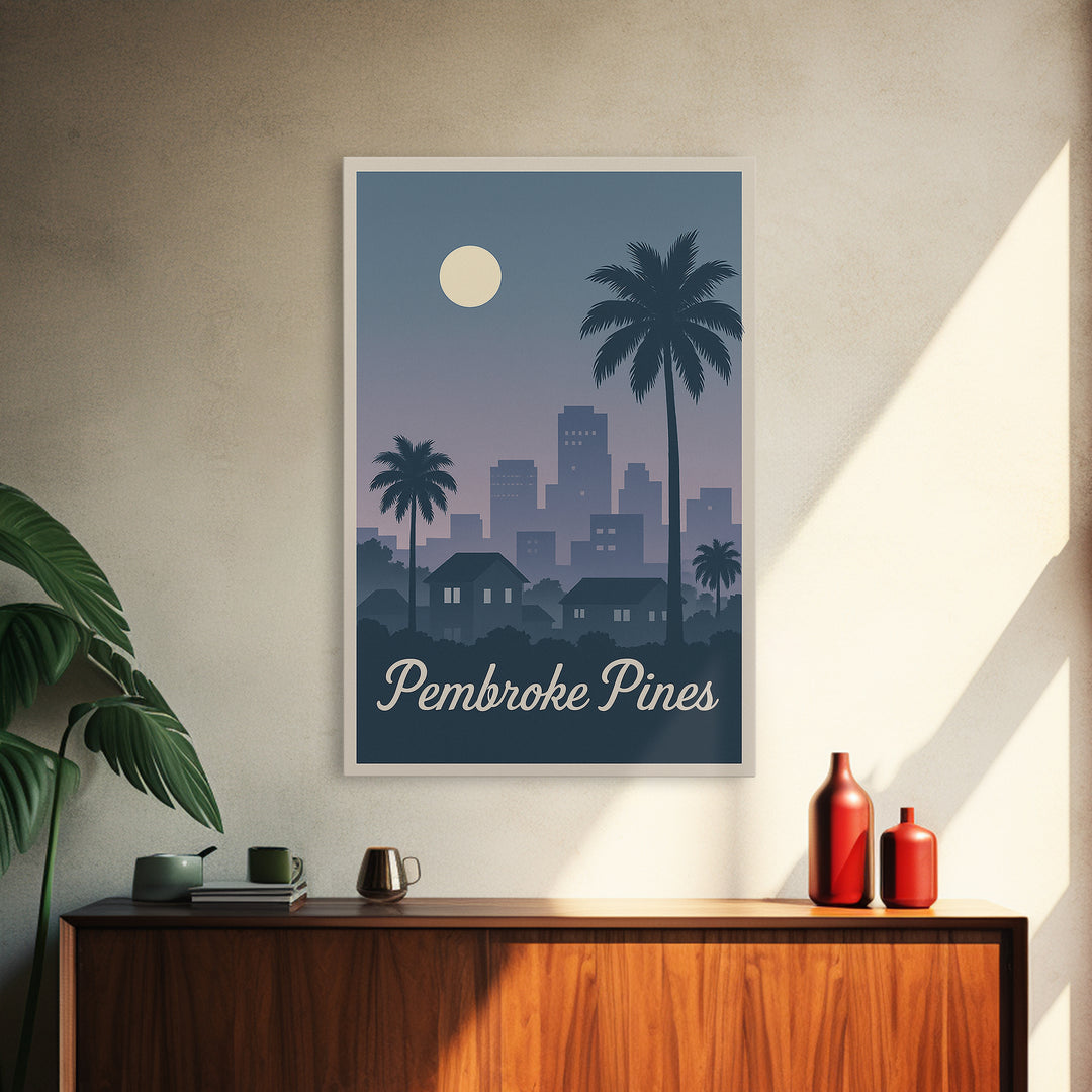 Pembroke Pines Florida Travel Poster, Canvas Print, Retro Sunset Skyline Art, Pembroke Pines Art Print, Wanderlust Decor, Modern Wall Decor
