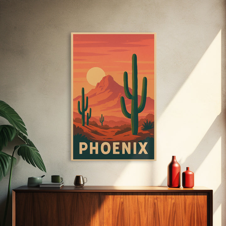 Phoenix Arizona Travel Poster, Framed Canvas Print, Retro Sunset Skyline Art, Phoenix Travel Art, Vintage Travel Print, Vintage City Poster