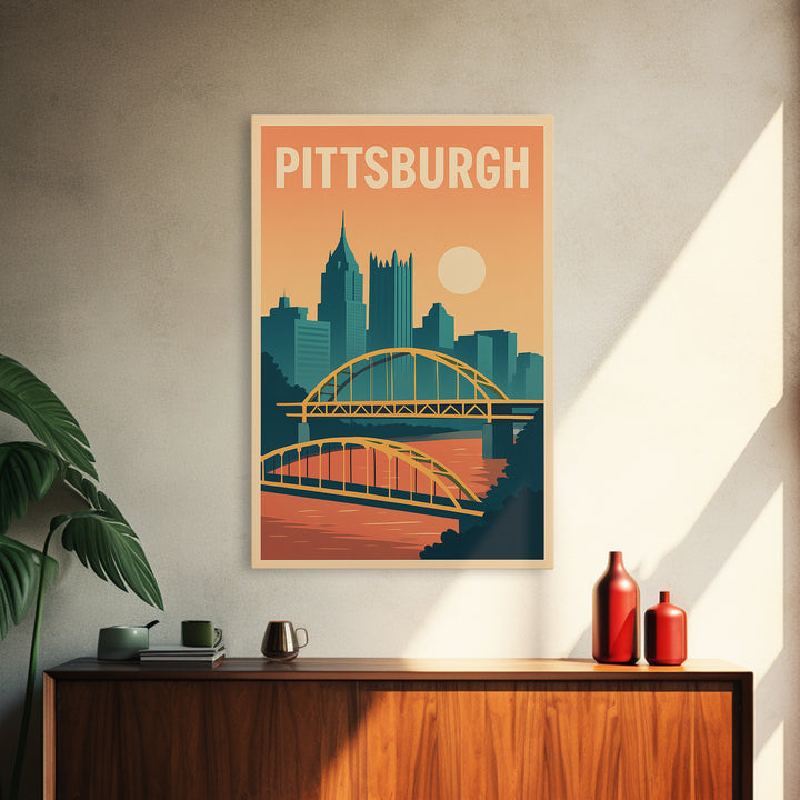 Pittsburgh Travel Poster, Framed Canvas Print, Mid Century City Wall Art, Pittsburgh Poster Print, Home Office Decor, Retro Travel Print