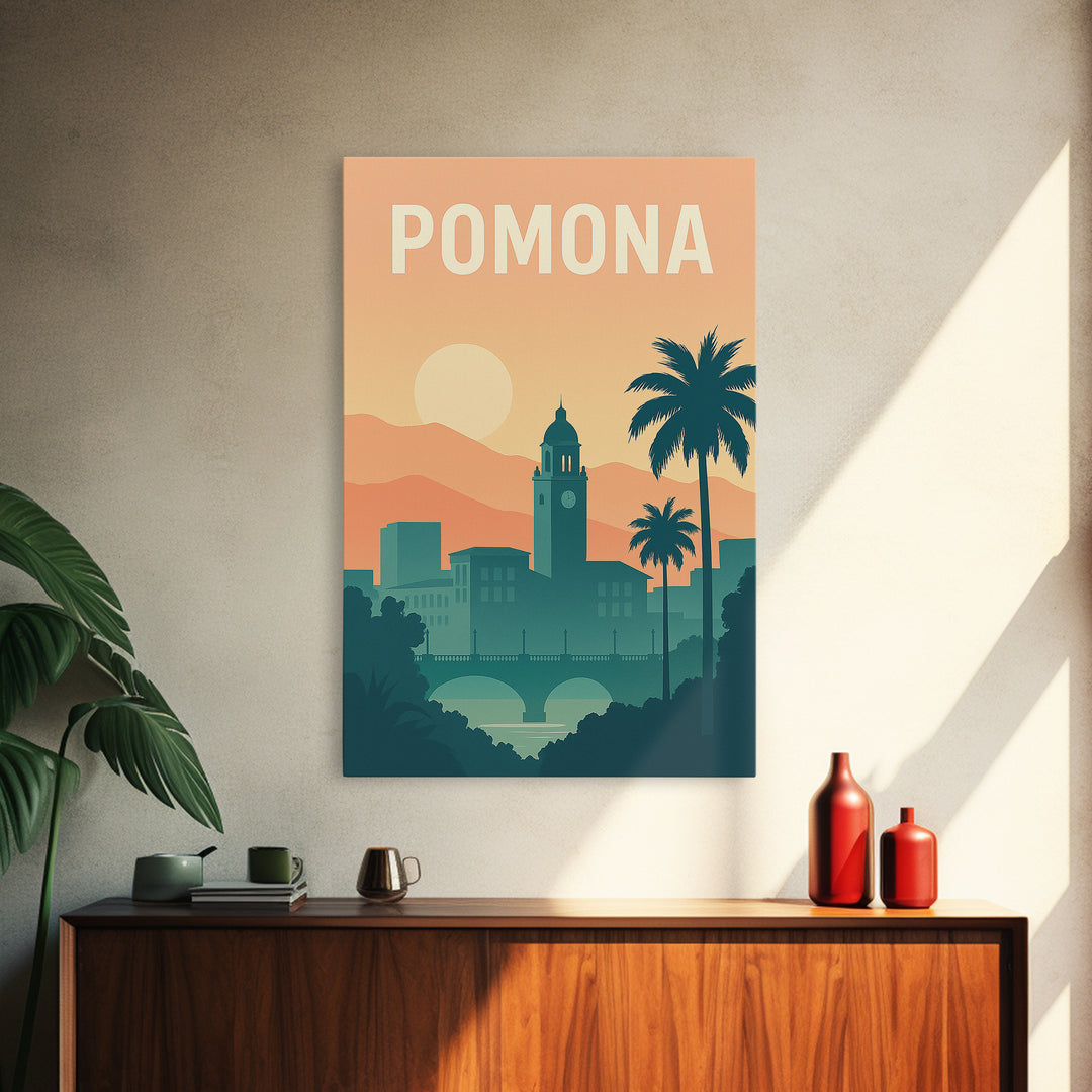 Pomona Travel Poster, Canvas Print, Retro Sunset Skyline Art, Pomona Travel Art, City Illustration, City Art Print, Travel Poster Art