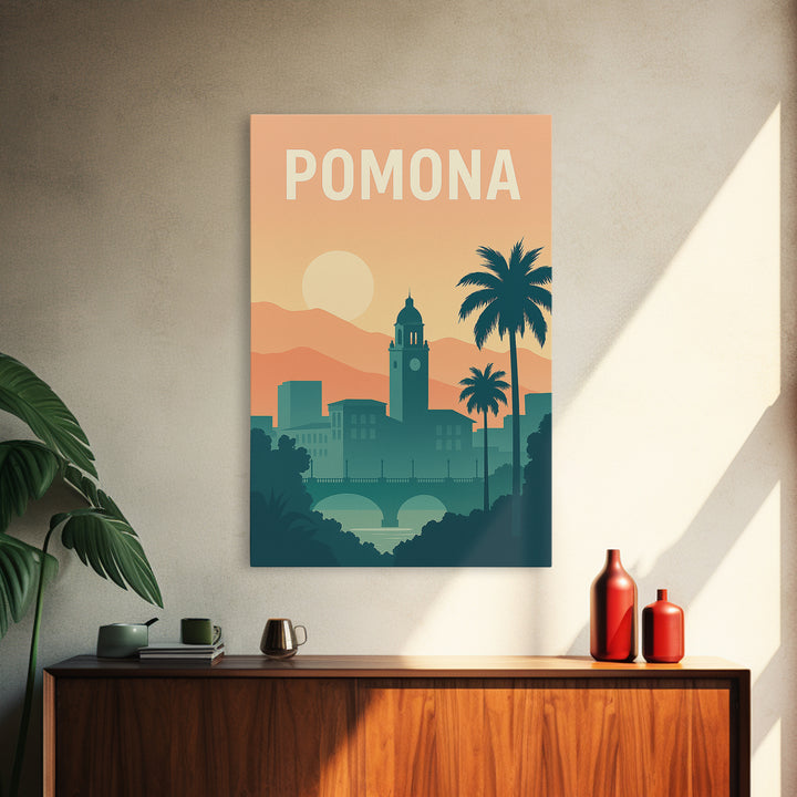 Pomona Travel Poster, Canvas Print, Retro Sunset Skyline Art, Pomona Travel Art, City Illustration, City Art Print, Travel Poster Art