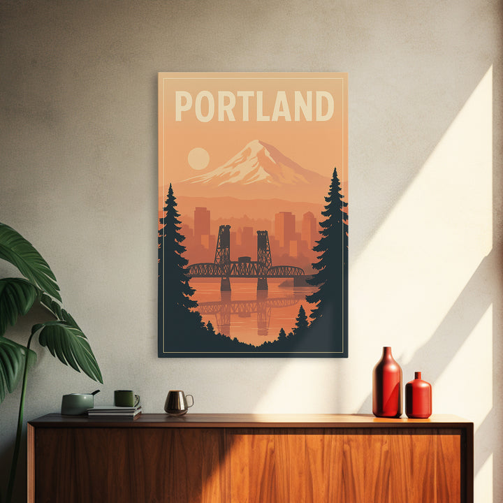 Portland Oregon Travel Poster, Framed Canvas Print, Retro Sunset Skyline Art, Portland Travel Art, City Illustration, Travel Poster Art