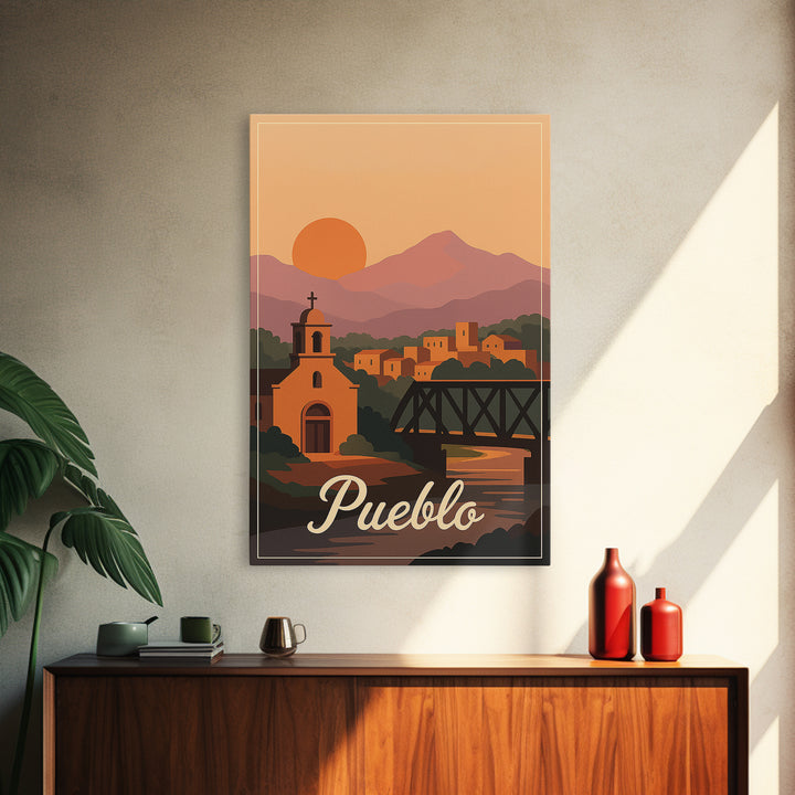 Pueblo Colorado Travel Poster, Canvas Print, Retro Sunset Skyline Art, Pueblo Wall Art, Retro Travel Print, Modern Wall Decor, Travel Gift