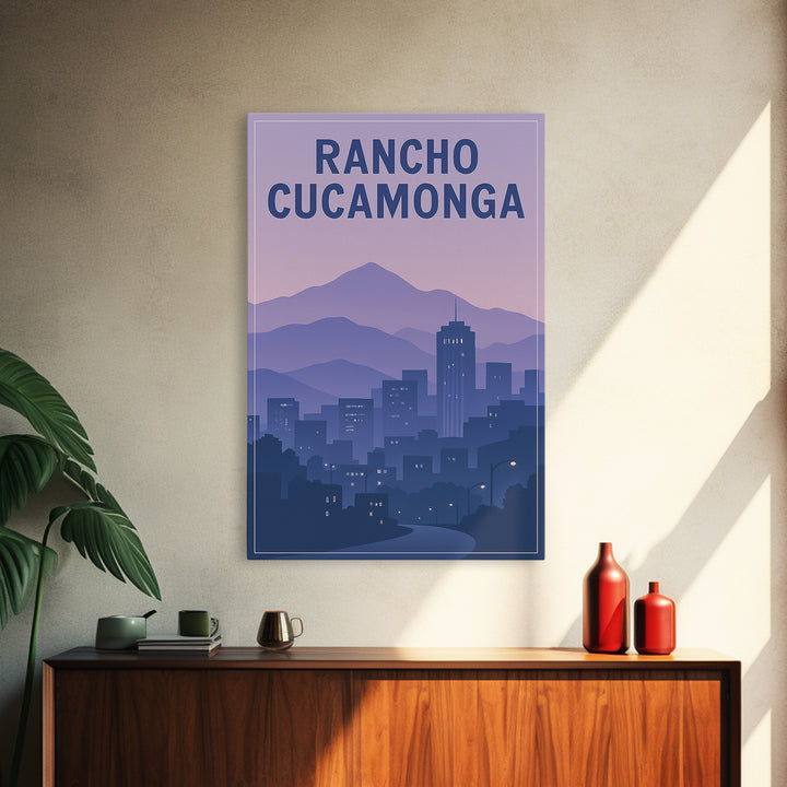 Rancho Cucamonga California Travel Poster, Framed Canvas Print, Retro Sunset Skyline Art, Rancho Cucamonga Poster Print, Eclectic Wall Decor