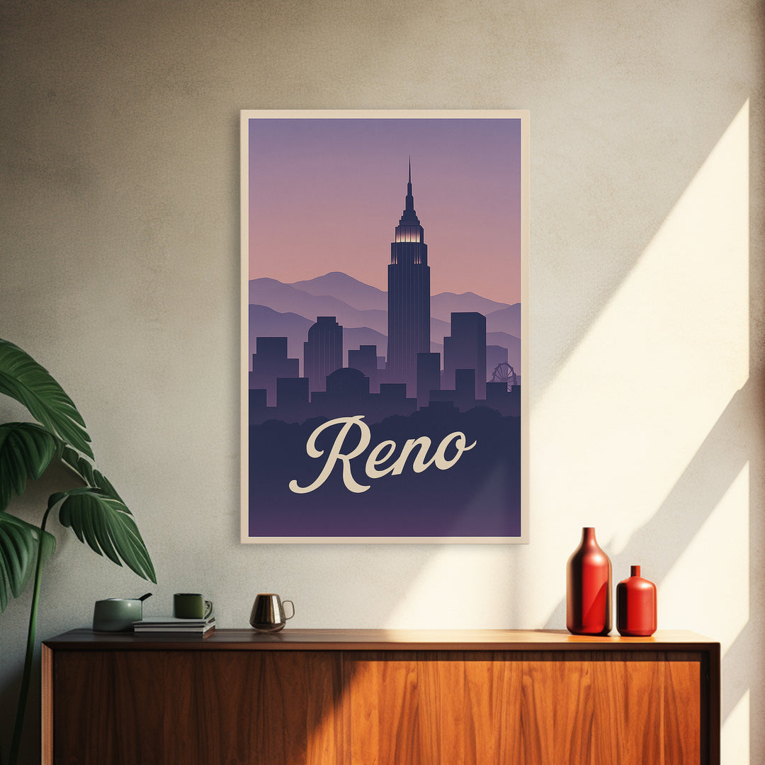 Reno Travel Poster, Canvas Print, Retro Sunset Skyline Art, Reno Art Print, City Illustration, Wanderlust Decor, Mid Century Wall Art