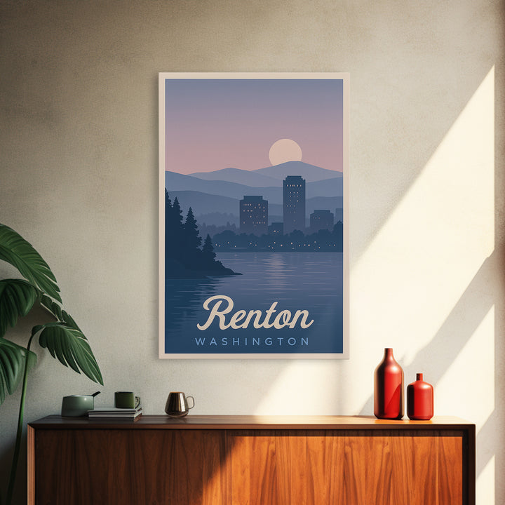 Renton Travel Poster, Framed Canvas Print, Mid Century City Wall Art, Renton Wall Art, Home Office Decor, Travel Wall Decor, Art Print