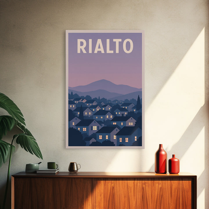 Rialto Travel Poster, Framed Canvas Print, Retro Sunset Skyline Art, Rialto Wall Art, Watercolor Skyline Art, Travel Poster Art, Design 2