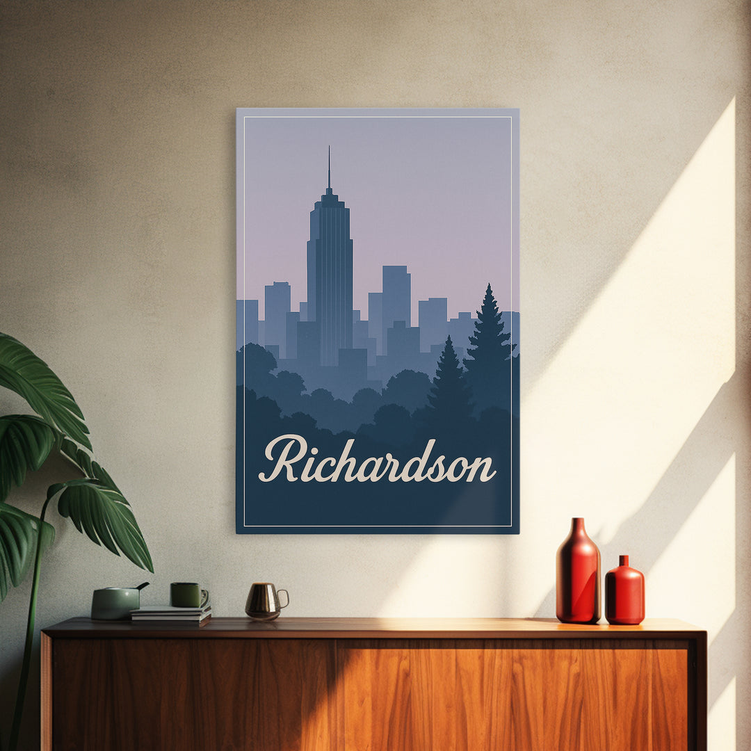 Richardson Travel Poster, Canvas Print, Retro Sunset Skyline Art, Richardson Wall Art, Home Office Decor, Wanderlust Decor, Poster Art