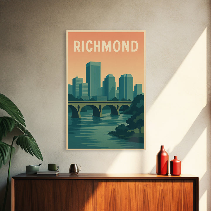 Richmond Virginia Travel Poster, Canvas Print, Retro Sunset Skyline Art, Richmond Poster Print, Watercolor Cityscape, Retro Travel Print