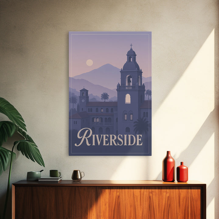Riverside Travel Poster, Framed Canvas Print, Classic Travel Poster Art, Riverside Wall Art, Eclectic Wall Decor, City Illustration