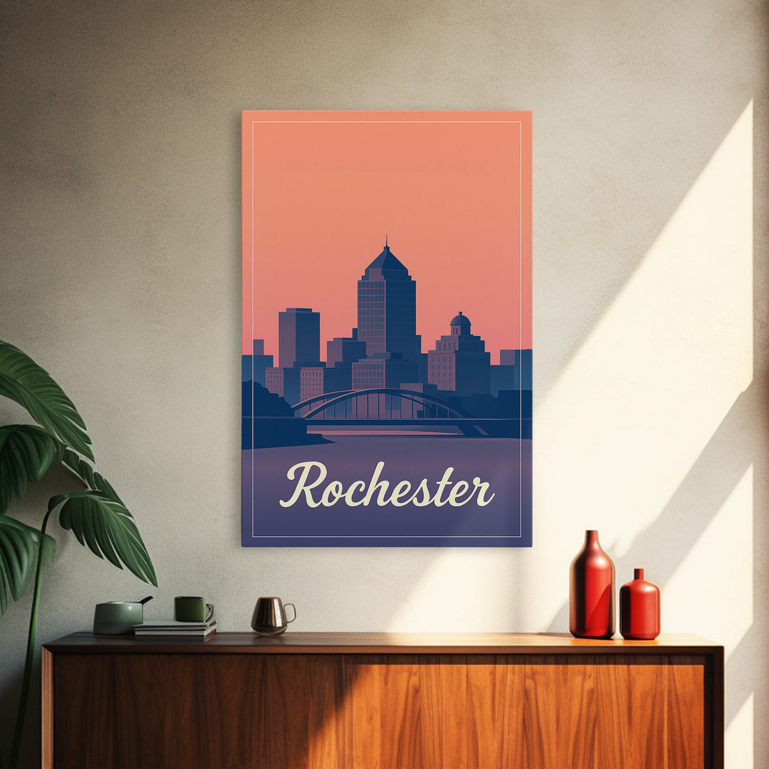 Rochester Travel Poster, Framed Canvas Print, Mid Century City Wall Art, Rochester Poster Print, Eclectic Wall Decor, Travel Art Print