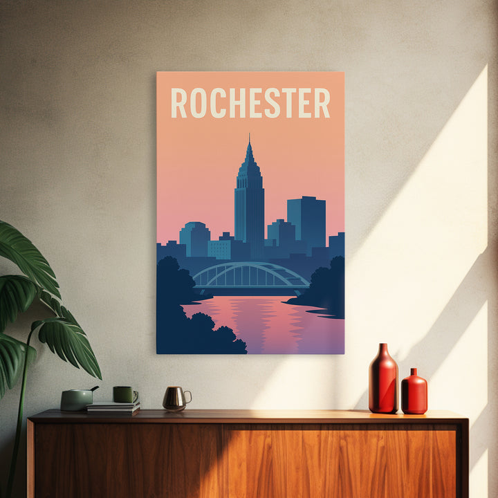 Rochester Travel Poster, Framed Canvas Print, Mid Century City Wall Art, Rochester Travel Art, City Art Print, Vintage City Poster