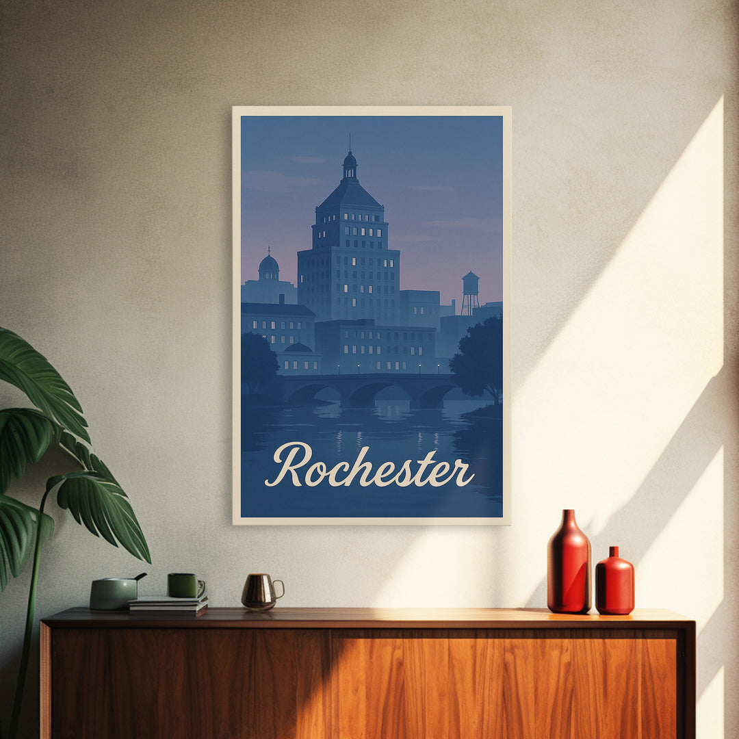 Rochester Travel Poster, Framed Canvas Print, Vintage Travel Poster Art, Rochester City Art, City Travel Prints, Vintage City Poster