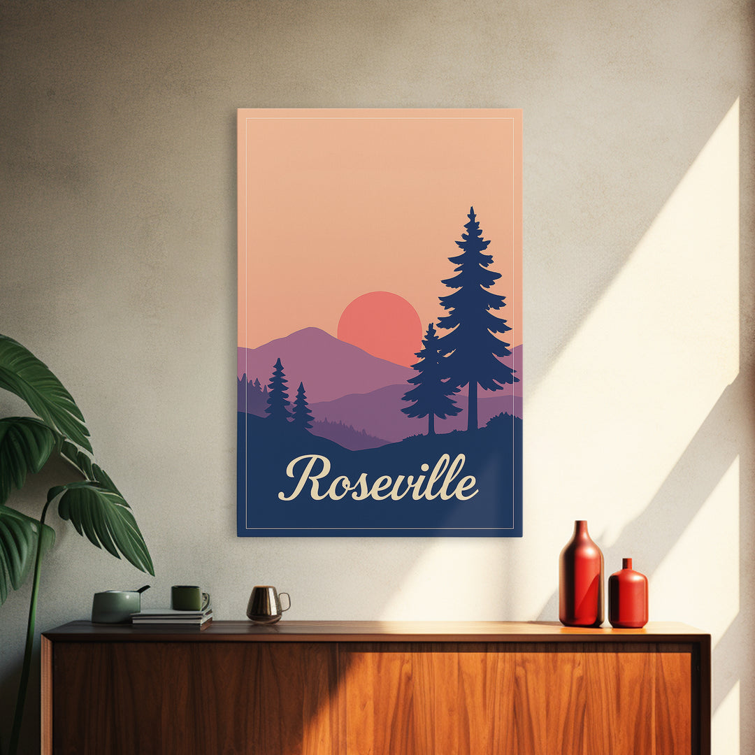 Roseville California Travel Poster, Canvas Print, Mid Century City Wall Art, Roseville Poster Print, Travel Wall Art, Vintage City Poster