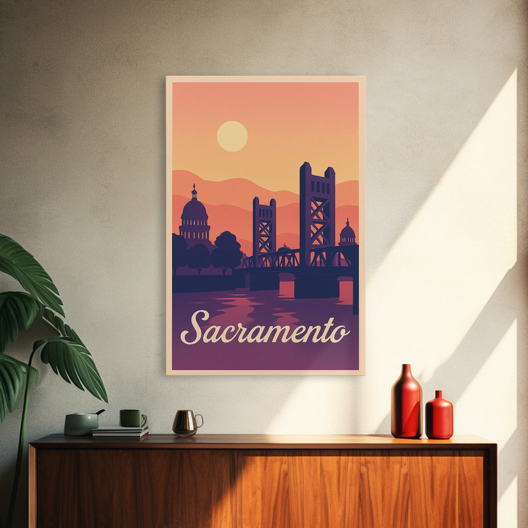 Sacramento California Travel Poster, Canvas Print, Retro Sunset Skyline Art, Sacramento Art Print, Wall Art, Mid Century Wall Art