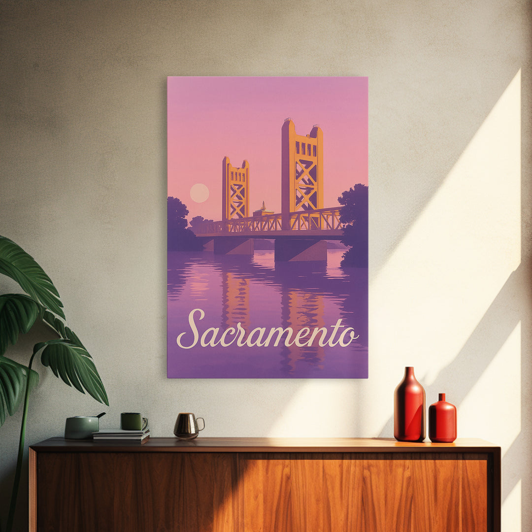 Sacramento Travel Poster, Canvas Print, Retro Sunset Skyline Art, Sacramento Art Print, Mid Century Wall Art, Gift For Travelers