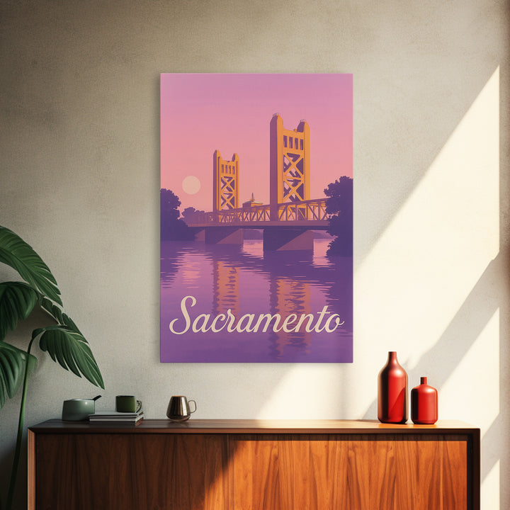 Sacramento Travel Poster, Canvas Print, Retro Sunset Skyline Art, Sacramento Art Print, Mid Century Wall Art, Gift For Travelers