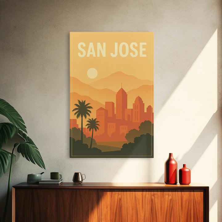 San Jose California Travel Poster, Framed Canvas Print, Retro Sunset Skyline Art, San Jose Poster Print, Fine Art Print, Vintage City Art