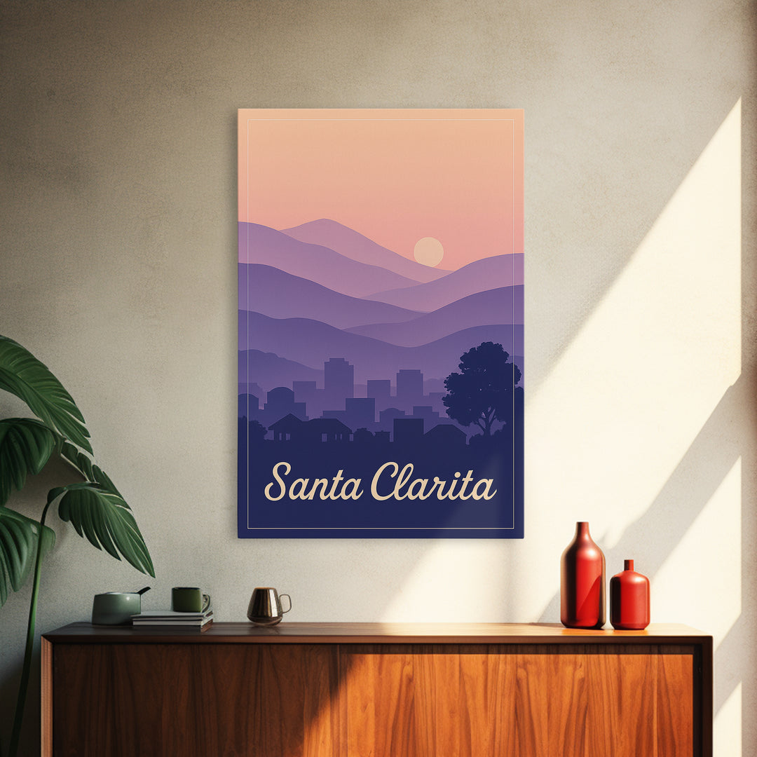 Santa Clarita Travel Poster, Framed Canvas Print, Retro Sunset Skyline Art, Santa Clarita Art Print, Travel Wall Decor, Modern Wall Decor