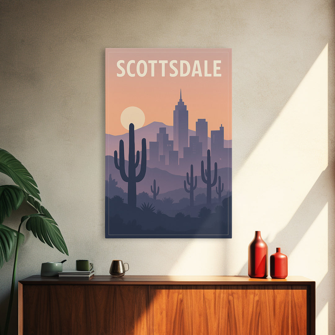 Scottsdale Arizona Travel Poster, Canvas Print, Retro Sunset Skyline Art, Scottsdale Travel Art, Gift For Travelers, Travel Wall Art