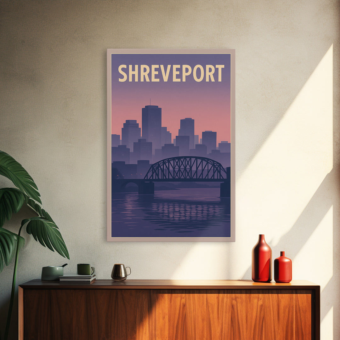Shreveport Louisiana Travel Poster, Framed Canvas Print, Mid Century City Wall Art, Shreveport Wall Art, City Travel Prints, Fine Art Print