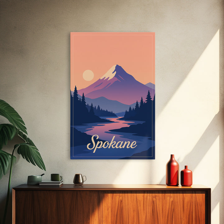 Spokane Washington Travel Poster, Canvas Print, Retro Sunset Skyline Art, Spokane Travel Art, Retro Travel Print, Watercolor Urban Skyline