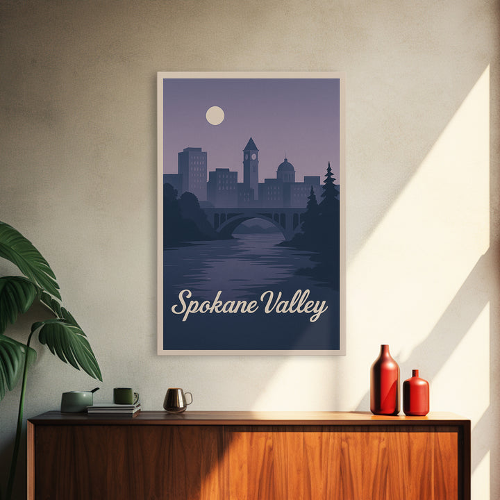 Spokane Valley Travel Poster, Canvas Print, Mid Century City Wall Art, Spokane Valley Art Print, City Art Print, Watercolor Cityscape