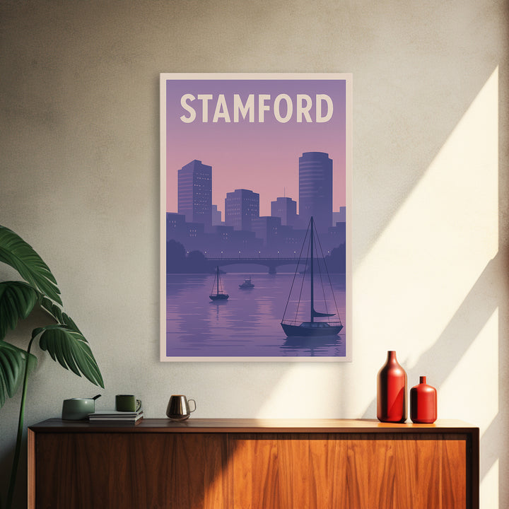 Stamford Travel Poster, Framed Canvas Print, Mid Century City Wall Art, Stamford Travel Art, Travel Poster Art, City Illustration