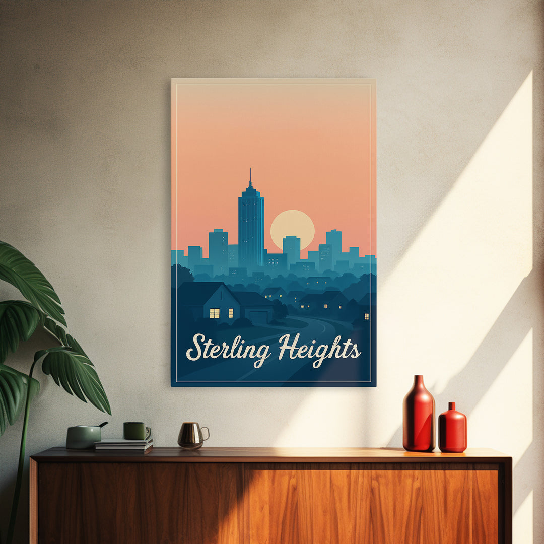Sterling Heights Michigan Travel Poster, Framed Canvas Print, Retro Sunset Skyline Art, Sterling Heights Wall Art, City Travel Prints