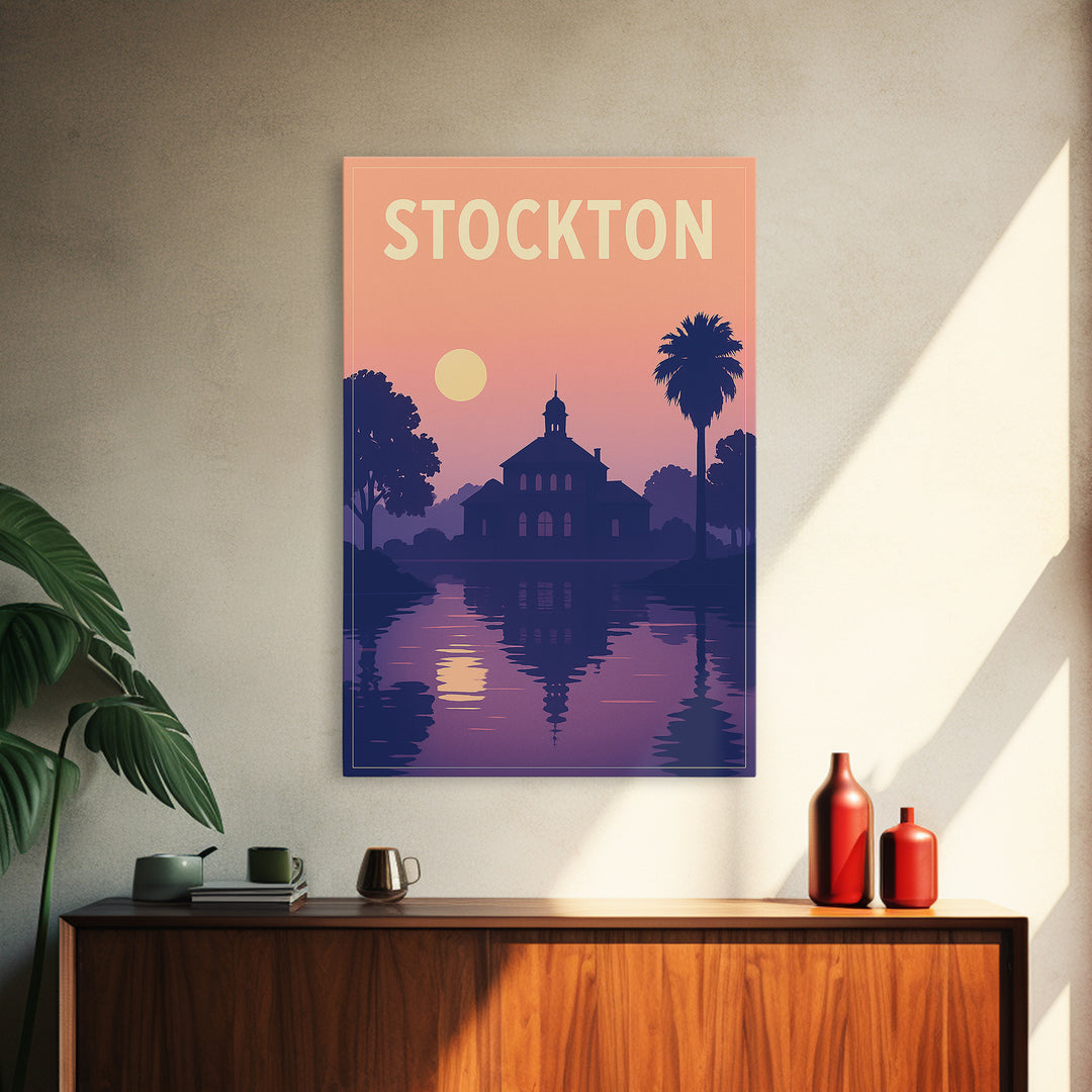 Stockton California Travel Poster, Framed Canvas Print, Mid Century City Wall Art, Stockton City Art, Wanderlust Decor, Gift For Travelers