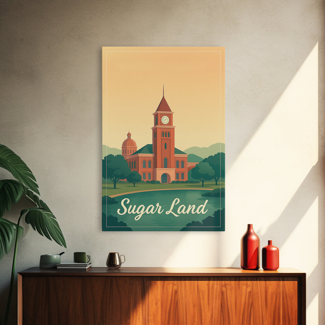Sugar Land Texas Travel Poster, Framed Canvas Print, Mid Century City Wall Art, Sugar Land Travel Art, Travel Poster Art, Gift For Travelers