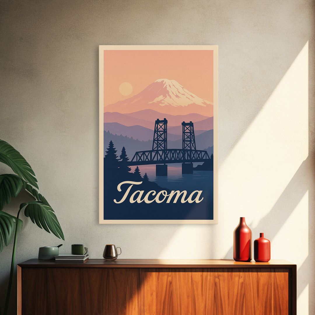 Tacoma Washington Travel Poster, Framed Canvas Print, Retro Sunset Skyline Art, Tacoma Poster Print, Eclectic Wall Decor, City Travel Prints