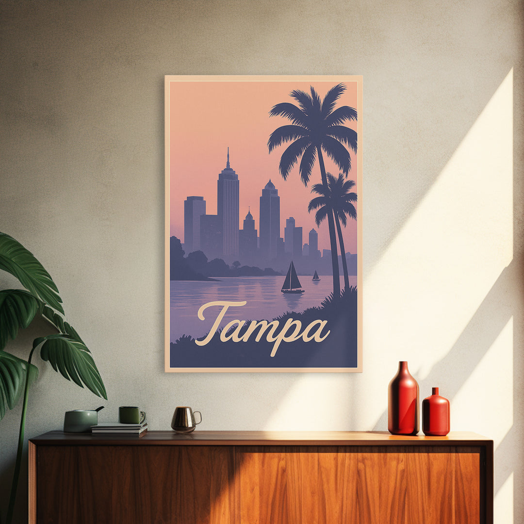Tampa Travel Poster, Framed Canvas Print, Mid Century City Wall Art, Tampa Wall Art, City Travel Prints, City Illustration, City Art Print
