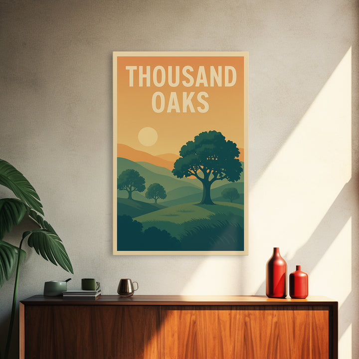 Thousand Oaks Travel Poster, Framed Canvas Print, Retro Sunset Skyline Art, Thousand Oaks Art Print, Vintage City Poster, Retro Travel Print
