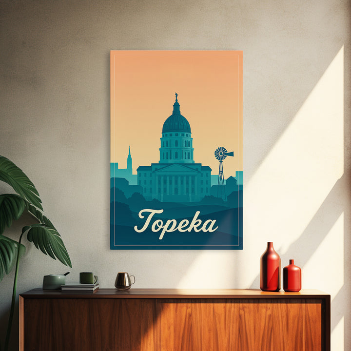 Topeka Kansas Travel Poster, Canvas Print, Retro Sunset Skyline Art, Topeka City Art, Gift For Travelers, Wall Art, Travel Art Print