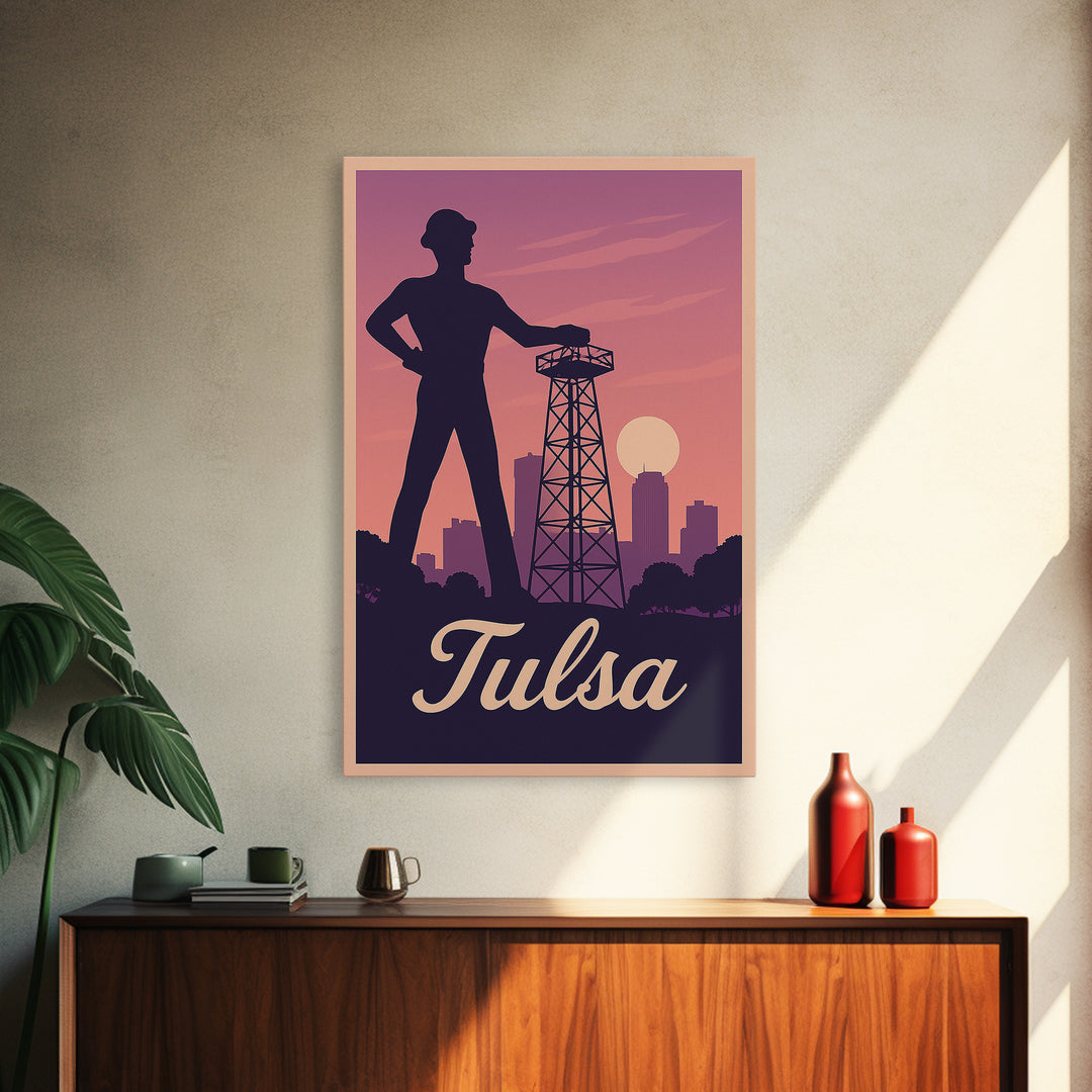 Tulsa Travel Poster, Framed Canvas Print, Retro Sunset Skyline Art, Tulsa Poster Print, Retro Travel Print, City Art Print, Travel Decor