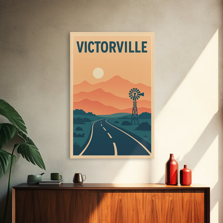 Victorville Travel Poster, Framed Canvas Print, Retro Sunset Skyline Art, Victorville Wall Art, City Art Print, Travel Poster Art